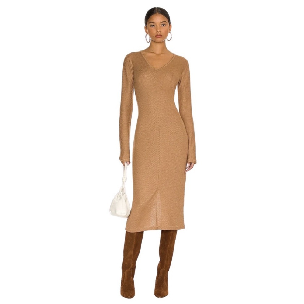 NWT rag & bone Knit Rib Bias Midi Dress Camel Long Sleeve Bodycon Size Large